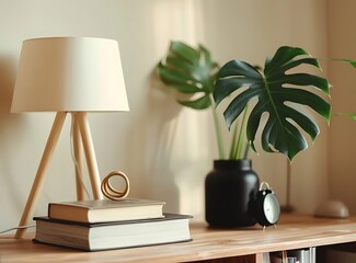 Modern interior, a wooden table with books and a gold ring sculpture on it, a black vase with a monstera plant, the wall in a light beige color, a white alarm clock near a lamp stand