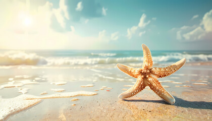 beautiful starfish on summer beach photo background