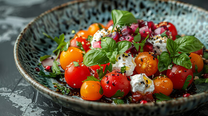 Wall Mural - A colorful salad with tomatoes, basil, and feta cheese. The dish is served in a blue bowl