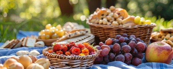 Wall Mural - A picnic blanket with a variety of snacks