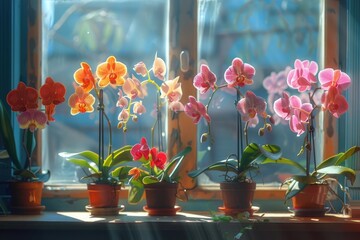 Wall Mural - Beautiful colorful orchid flower in pots on windowsill