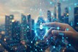 © dekreatif - Hand touching glowing padlock icon against nighttime cityscape backdrop, symbolizing cyberspace security