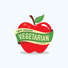 Red apple with vegetarian, eco, organic green ribbons icon illustration.