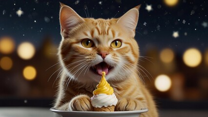 A yellow cat is happily eating ice cream