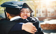 © ClearConcept/peopleimages.com - Happy woman, students and graduation with hug for achievement, milestone or future together at university. Young female person, friends or graduate with smile for embrace, accomplishment or support