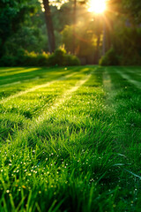 Poster - Green lawn with sunlight creating beautiful light and shadow patterns