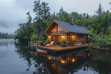 Wall Mural - A peaceful Canadian lakeside cabin with a wooden deck, canoes, and towering pine trees reflected in the water. 