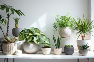 Sticker - Beautiful composition of house plants in different pots. Potted plants on white table shelf near white wall indoors