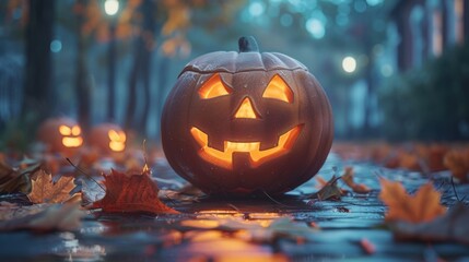 Wall Mural - A glowing jack-o'-lantern with a carved smile sits on a wet street surrounded by fallen autumn leaves, evoking a spooky Halloween night.