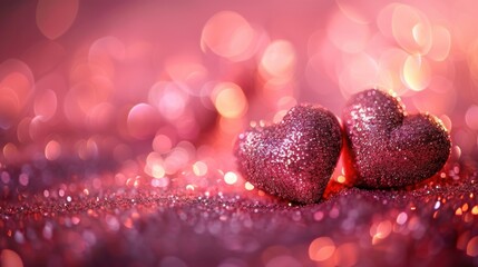 Close-up of two sparkling pink heart decorations against a pink bokeh background, perfect for romantic and festive occasions.