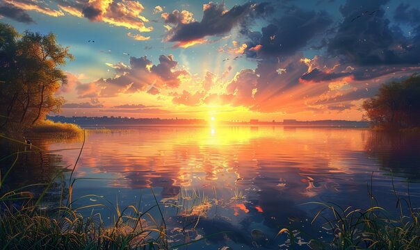 A picturesque sunset over a peaceful lake