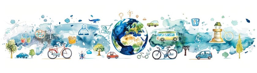 watercolor travel collage with world map, vehicles, and landmarks, representing global exploration a