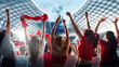© Lustre Art Group  - Vibrant crowd of enthusiastic sports fans raises their arms and waves red scarves in celebration against modern stadium with clear sky above. Concept of support, international match, betting, games.