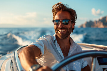 Happy man steering boat on sunny day at sea