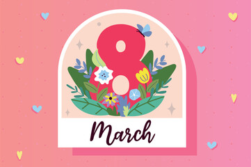 Wall Mural - 8 March sticker concept in flat cartoon design. This image is depicted the number eight decorated with flowers in the form of a sticker and symbolizes the spring holiday. Vector illustration.