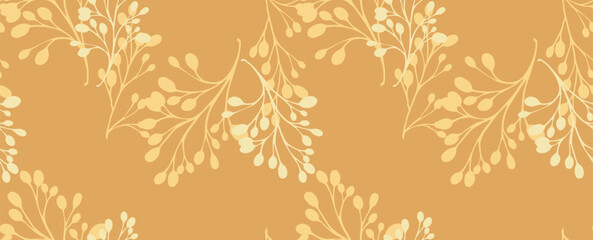 Wall Mural - Vintage minimal pattern with shapes branches on a yellow background. Vector hand drawing sketch. Plain unique abstract floral stems intertwined in a seamless print. Design for fashion, fabric, textile