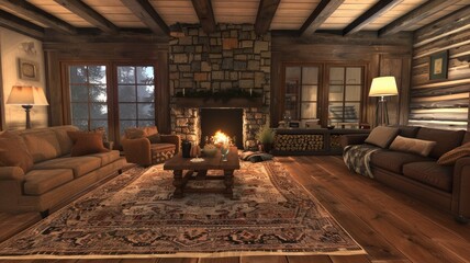 Wall Mural - This cozy living room features a fireplace, antique furniture, and natural light, creating a warm ambiance AIG59