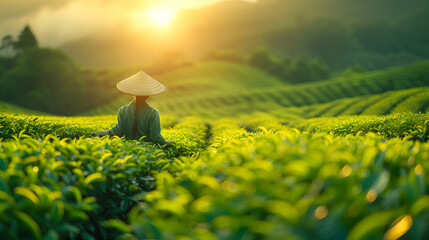 A villager picking tea leaves, tea plantations on northern hills, natural farming background