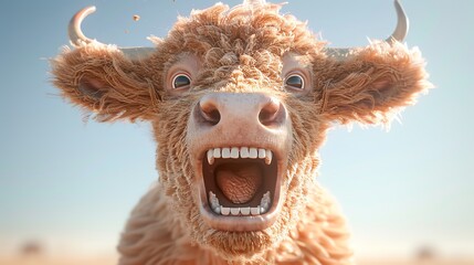 Close-up of a fluffy cow with an open mouth against a bright blue sky, capturing a humorous and lively moment in nature.