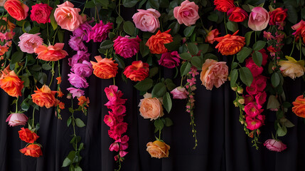 Wall Mural - Vibrant Hanging Floral Arrangement on Black Background, Colorful Roses, Botanical Photography, Elegant Event Decor, Floral Art, Garden-Inspired Design, Creative Flower Display, Luxury Wedding