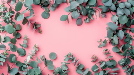 Poster - Eucalyptus leaves and branches on pastel pink background. Eucalyptus branches pattern. Flat lay, top view, copy space, banner