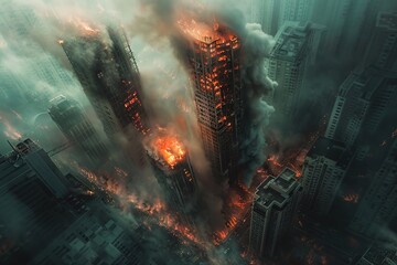 Wall Mural - bird's eye view of a destroyed burning building with fire flames smoke and smoke in a big city, skyscraper in the middle of a city, fictional place and happening