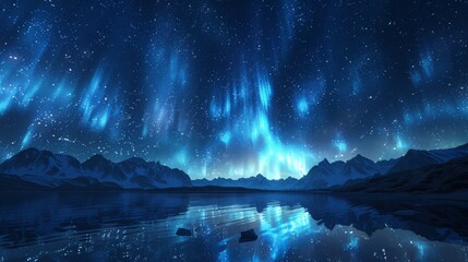 Sapphire Northern Lights Vector Illustration: Glowing Streaks, Starry Sky, Symmetrical Composition with Water Reflection, Digital Art