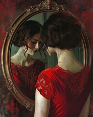 woman in red dress reflected in vintage mirror - illustration book cover style for romantic novel