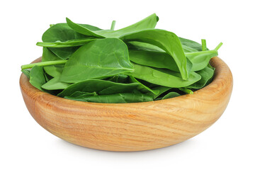 Wall Mural - Baby spinach leaves in wooden bowl isolated on white background