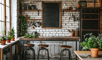 Industrial kitchen with a mockup chalkboard on the wall