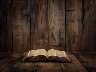 Wall Mural - A wooden table with an open Bible, symbolizing the study of God's word and biblical narratives. The background is a dark wood paneled wall, providing space for text or other elements. There should be