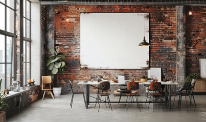 Industrial dining room with a blank canvas on the wall