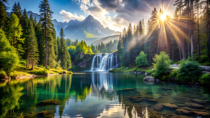 Beautiful paradise landscape, sun light in a lake with waterfall in the wood, travel destination