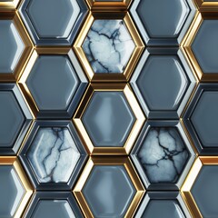 Wall Mural - Abstract 3d render with hexagonal pattern in dark blue and gold for a striking background