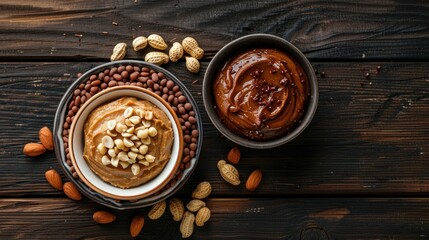 Poster - Two bowls of peanut butter with nuts and green leaves on a wooden table