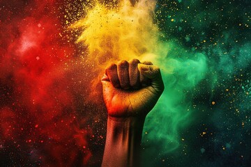 Black History Month background. Black power hand fist over red yellow green colors powder explosion