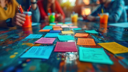 Poster - sticky notes on table during brainstorming. sticky notes scattered on a table during a brainstorming