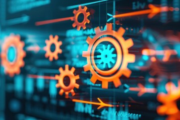 Close-up of orange gears on a digital screen symbolizing modern technology, automation, and data processing in a virtual environment.