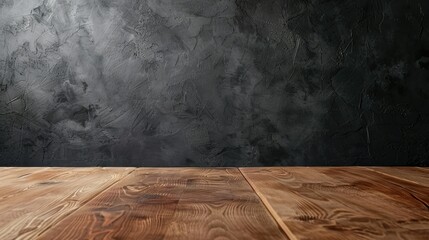 A wooden table is in front of a dark room wall background for advertising and product placement