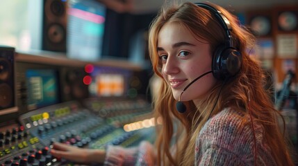 Wall Mural - A young woman wearing headphones and smiling at the camera. She is in a studio setting. Scene is happy and cheerful