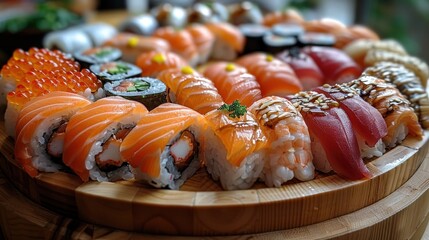 Wall Mural - A wooden tray with many different types of sushi