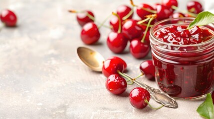 Wall Mural - Jar of cherry jam with fresh cherries and blossoms in a dreamy setting, showcasing a vibrant and festive homemade preserve.