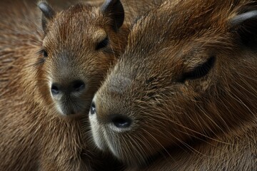 Capybara mother with baby cuddling peacefully concept of animal bonding nature