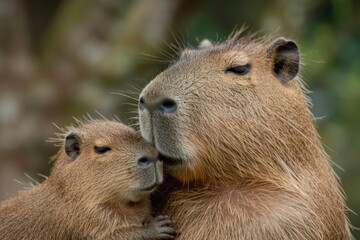 Capybara mother and baby snuggling close in a wild forest setting showing the bond between them concept of animal behavior wildlife