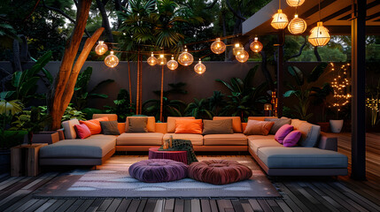 Wall Mural - contemporary outdoor seating arrangement featuring modular sofas, a stylish area rug, and hanging string lights 