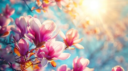 Poster - Blooming magnolia tree in the spring sun rays. Selective focus. Copy space. Easter, blossom spring, sunny woman day concept. Pink purple magnolia flowers in blue summer sky