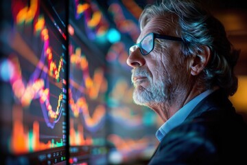 Senior businessman with glasses analyzing colorful stock market data on multiple screens in a modern office setting.