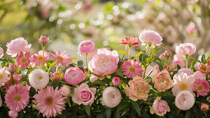 Beautiful pink flowers in the garden with spring bokeh background