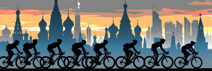 Wall Mural - Cycling festival, silhouette of cyclists on the background of Russia attractions, cycling race. Vector illustration