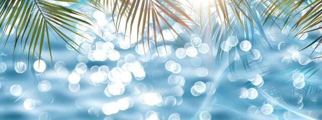 Wall Mural - bright light reflection Shaded by a few palm leaves A dull blue and silver background.